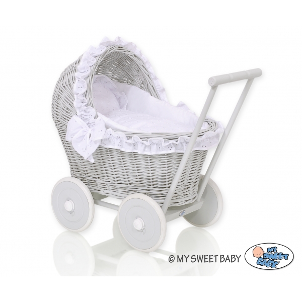 Weide Grau Puppenwagen Bettwäsche Weiß mit Stickerei nr 61702-906