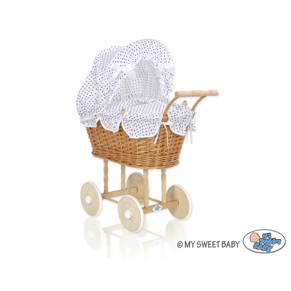 Weide Puppenwagen Bettwäsche Weiß mit Marineblau Punktemuster nr 1699-727