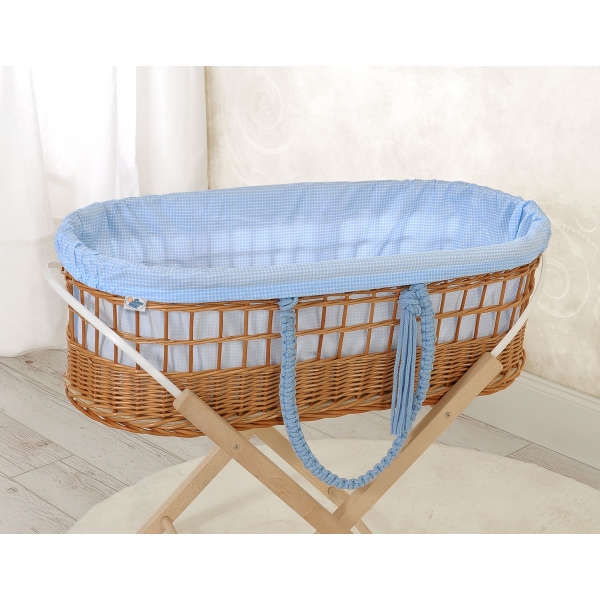 Weidenkorb im Boho-Stil für Babys Baumwolle Polsterung - blau kariert