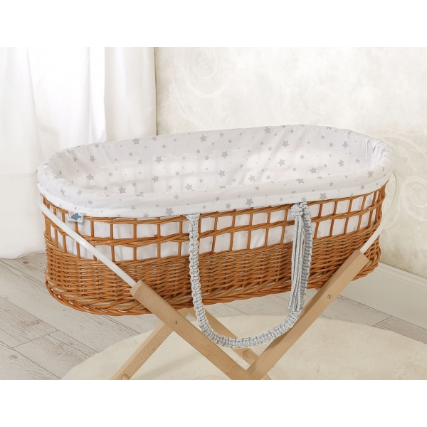 Weidenkorb im Boho-Stil für Babys Baumwolle Polsterung - mini Graue Sternchen