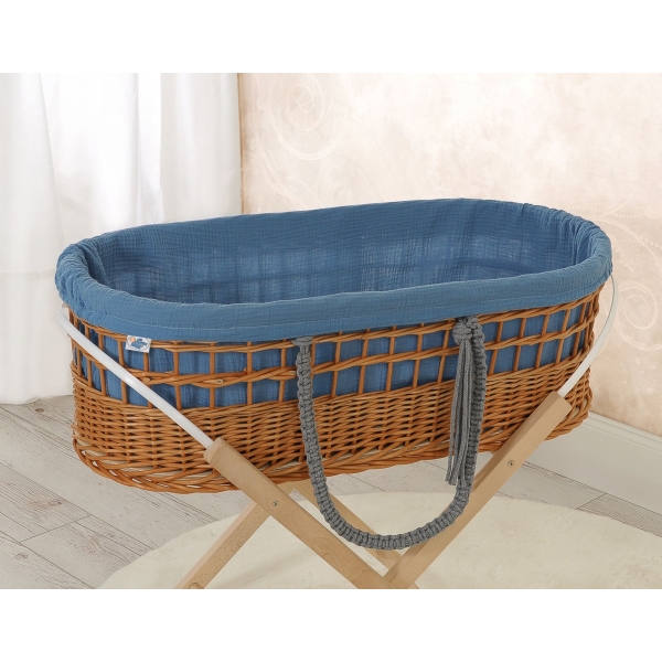 Weidenkorb im Boho-Stil für Babys musselin Polsterung - pastellblau