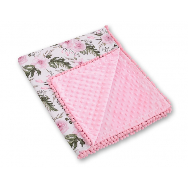 Wendedecke doppelseitig mit Pompons - rosa Blüten